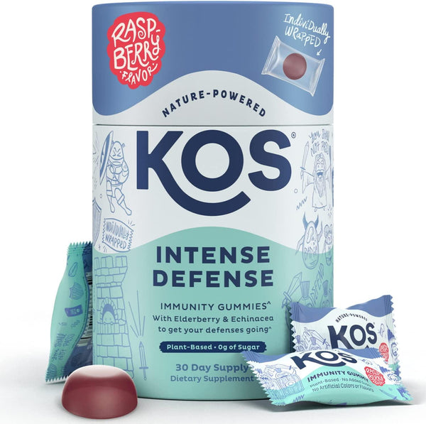 KOS Immune Support Gummies - Sugar and Gelatin Free Elderberry Gummies with Vitamin C and Zinc, Vitamin D, Vitamin B6 and B12 for Adults and Kids - Individually Wrapped Chewable Multivitamins - 30 Day Supply