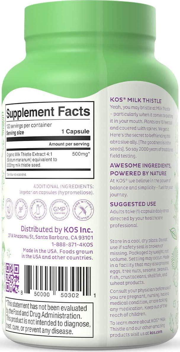 KOS Milk Thistle Capsules - 500mg Potent Milk Thistle Seed Extract - Powerful Detox Enhancer, Promotes Healthy Digestion, Natural Liver Health Support - 120 Plant-Based Capsules