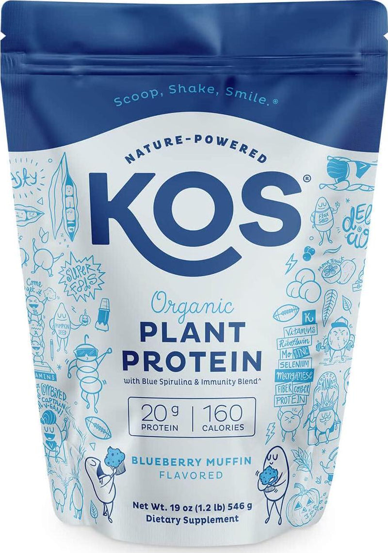 KOS Vegan Protein Powder - Blueberry Muffin Protein Powder - Added Blue Spirulina and Immune Support - Soy, Gluten and Dairy Free - 14 Servings