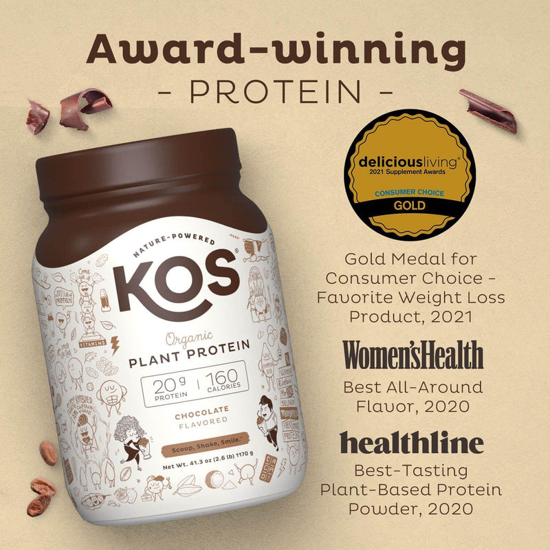 KOS Vegan Protein Powder, Chocolate - Low Carb Pea Protein Blend - Plant Based Protein Powder - USDA Organic, Keto, Gluten, Soy and Dairy Free - Meal Replacement for Women and Men - 30 Servings