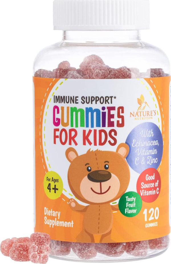 Kids Immune Support Gummies with Vitamin C, Echinacea and Zinc - Children&#039;s Support and Vitamin C Gummy, Tasty Natural Fruit Flavor, Vegan by Nature&#039;s Nutrition - 120 Gummy Bears