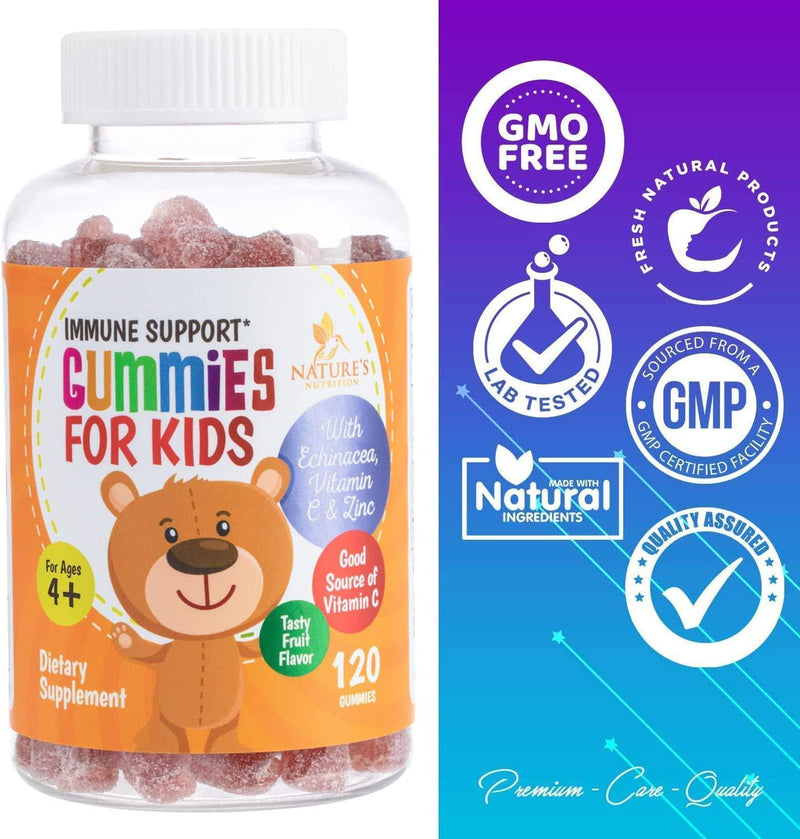 Kids Immune Support Gummies with Vitamin C, Echinacea and Zinc - Children&#039;s Support and Vitamin C Gummy, Tasty Natural Fruit Flavor, Vegan by Nature&#039;s Nutrition - 120 Gummy Bears