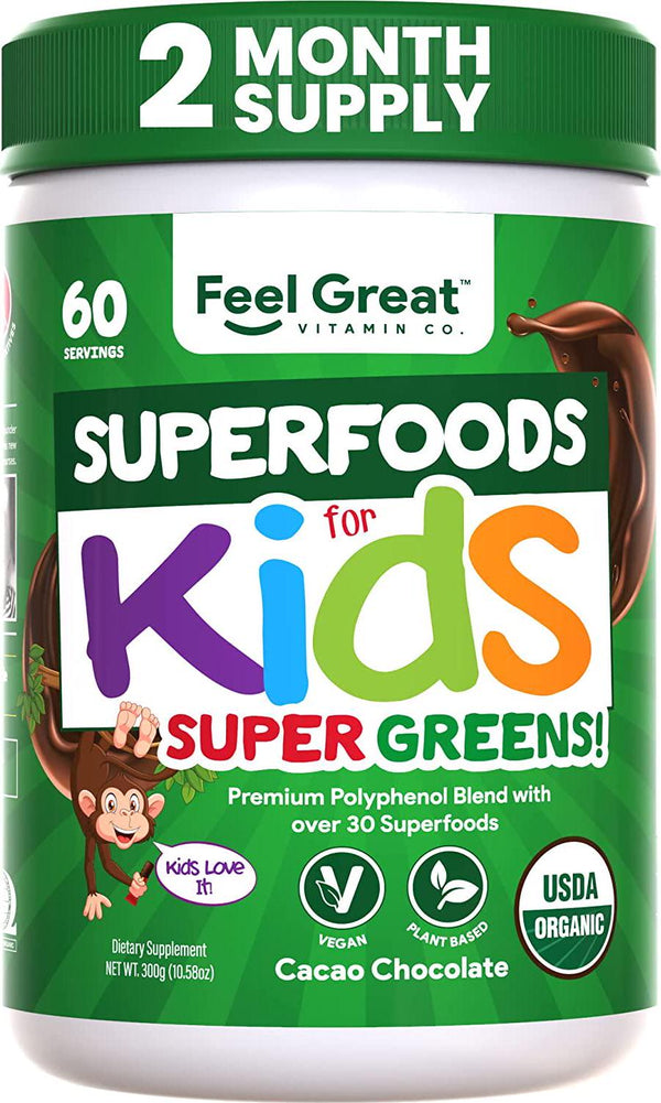 Kids Superfood Greens Cocoa Chocolate Superfood Powder by Feel Great 365 (60 Servings) | Non-GMO, Made with Real Fruits and Vegetables, Gluten Free, Vegan Multivitamin Drink Helps Build Immunity