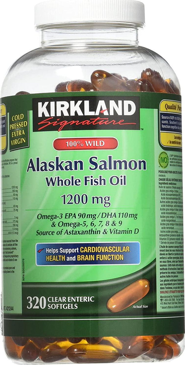 Kirkland Signature 100% Wild Alaskan Salmon Oil 90 EPA 110 DHA 1200mg - 320 Enteric Coated Softgels