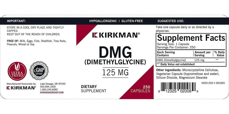 Kirkman DMG (Dimethylglycine) 125 mg - Hypoallergenic - 250 Vegetarian Capsules