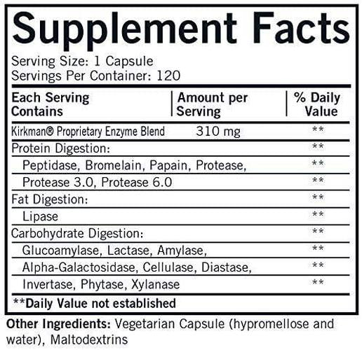 Kirkman EnZym-Complete/DPP-IV || 120 Vegetarian Capsules || Enzymes || Gluten Free || Casein Free || Tested for More Than 950 Environmental contaminants