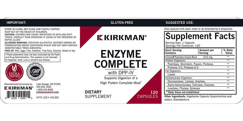 Kirkman EnZym-Complete/DPP-IV || 120 Vegetarian Capsules || Enzymes || Gluten Free || Casein Free || Tested for More Than 950 Environmental contaminants