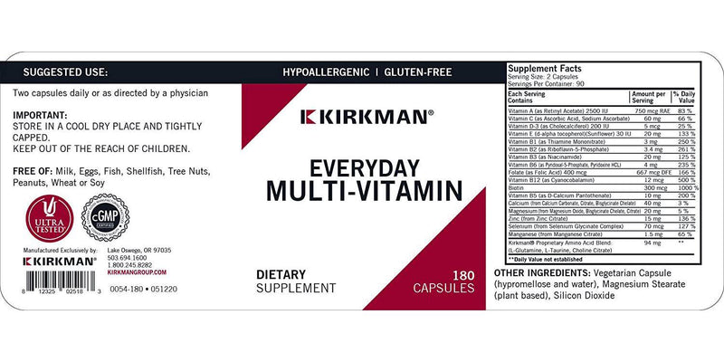 Kirkman Everyday Multi-Vitamin - Hypoallergenic | 250 Vegetarian Capsules | Gluten Free | Casein Free