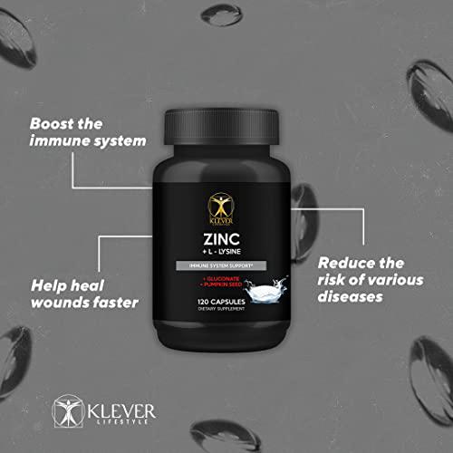 Klever Lifestyle Zinc + L-lysine | The Best Immune Support Supplement for The Whole Family | 120 Capsules