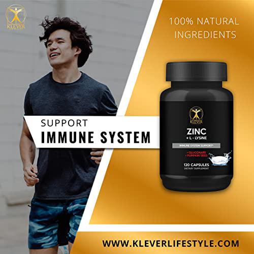 Klever Lifestyle Zinc + L-lysine | The Best Immune Support Supplement for The Whole Family | 120 Capsules