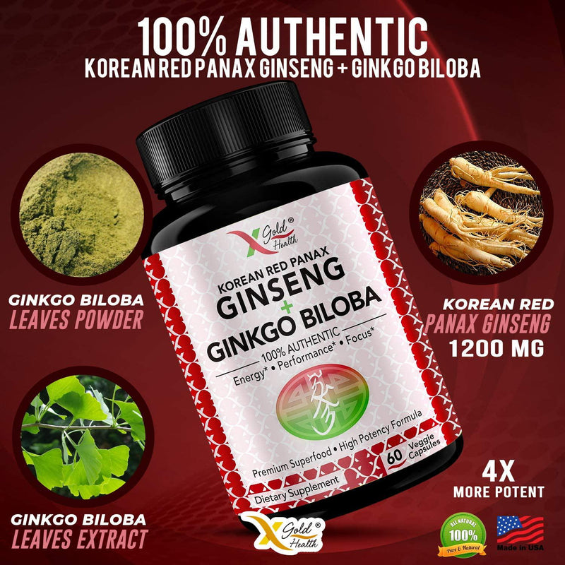 Korean Red Panax Ginseng 1200mg + Ginkgo Biloba (Pack of 3) - Extra Strength Root Extract Powder Supplement w/High Ginsenosides Vegan Capsules for Energy, Performance and Focus Pills for Men and Women