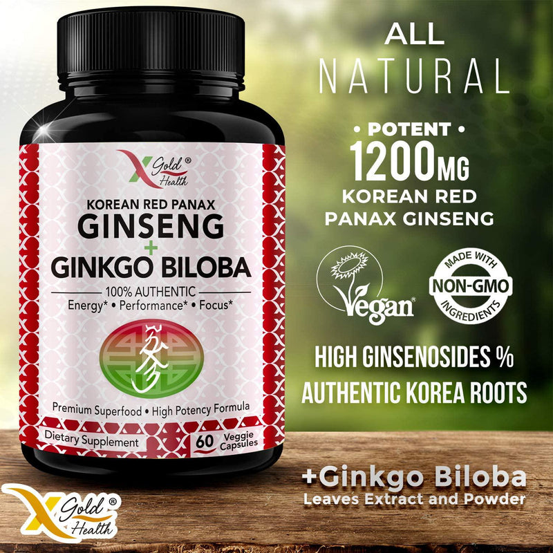 Korean Red Panax Ginseng 1200mg + Ginkgo Biloba (Pack of 3) - Extra Strength Root Extract Powder Supplement w/High Ginsenosides Vegan Capsules for Energy, Performance and Focus Pills for Men and Women