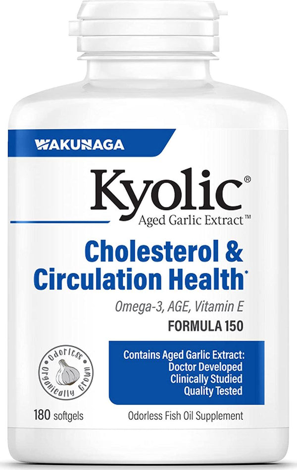 Kyolic Aged Garlic Extract Formula 150, Cholesterol and Circulation Health, Omega-3 180 Soft Gels (Packaging May Vary)