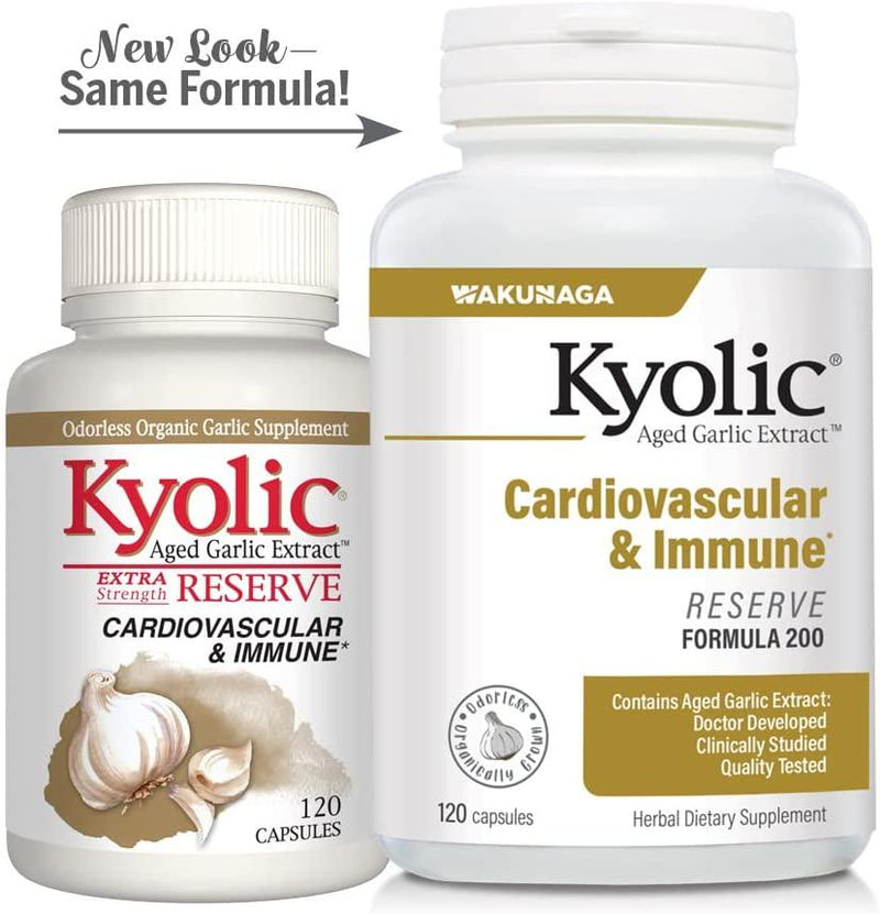 Kyolic Aged Garlic Extract Formula 200, Cardiovascular and Immune, Reserve 120 Capsules (Packaging May Vary)