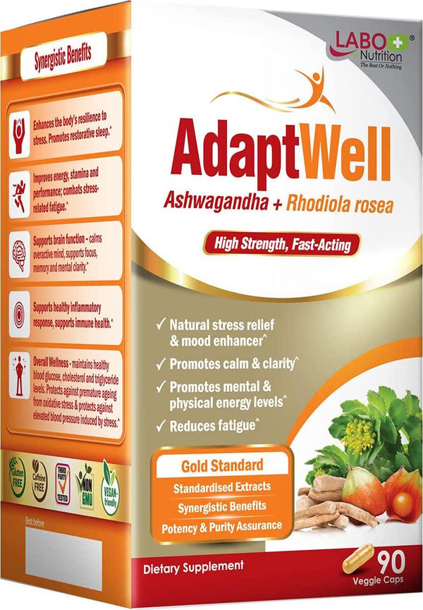 LABO Nutrition AdaptWell Ashwagandha Root Extract >7% withanolides (35mg), Rhodiola Rosea Extract >5% rosavins and Bioperine, for Relax, Stress Relief, Adrenal, Immune, Mood and Thyroid Support, 90 Counts