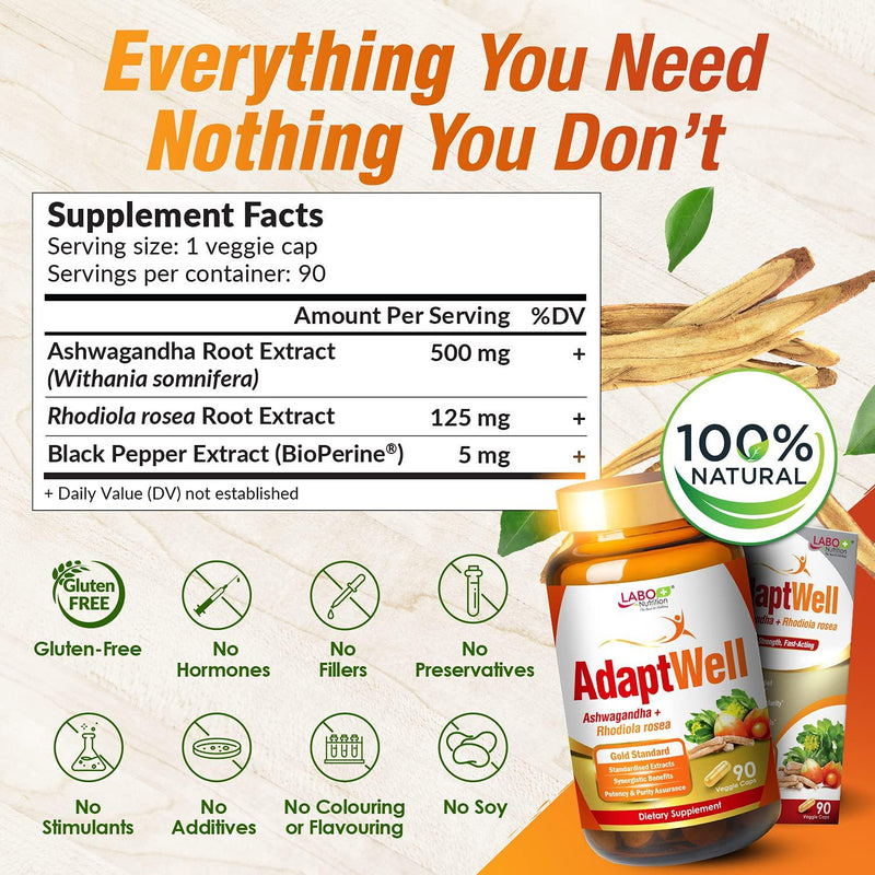 LABO Nutrition AdaptWell Ashwagandha Root Extract >7% withanolides (35mg), Rhodiola Rosea Extract >5% rosavins and Bioperine, for Relax, Stress Relief, Adrenal, Immune, Mood and Thyroid Support, 90 Counts
