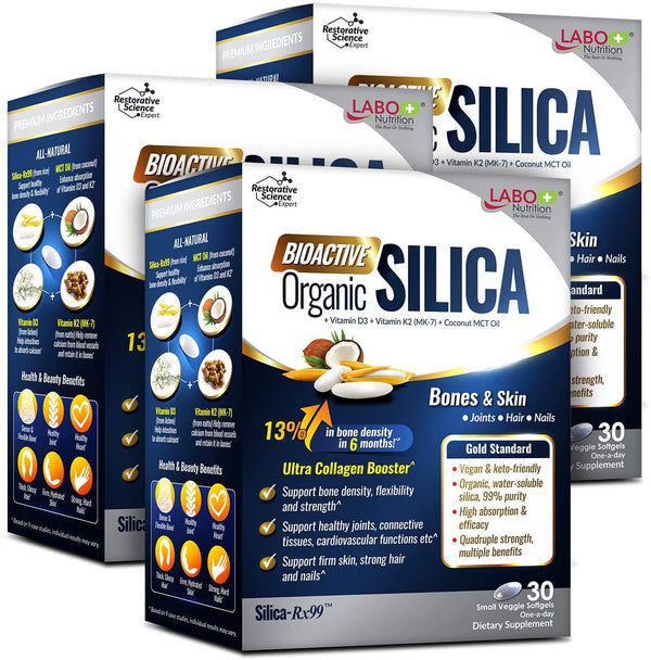 LABO Nutrition Bioactive Organic Silica, 99% Purity Rice-Derived Silica with 42mg Silicon Per Serving, Intensive Collagen Generator, Strengthen Joint and Bone, for Skin, Hair and Nails Support. 30sx3