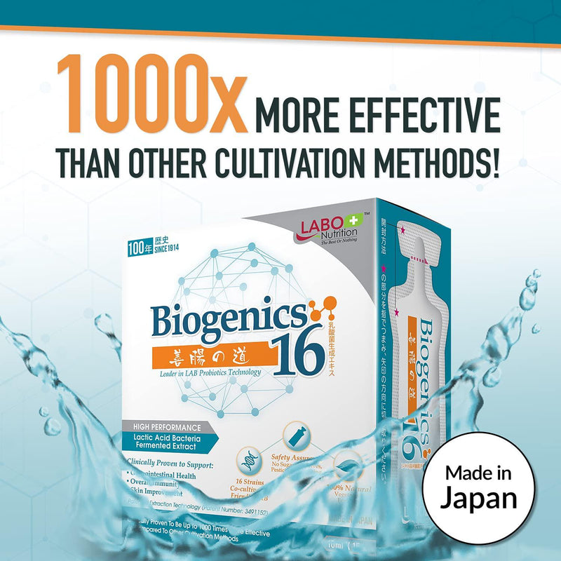 LABO Nutrition Biogenics 16–Lactic Acid Bacteria Fermented Extract, 1000x More Effective, Gut Health Support Beyond Probiotics and Prebiotics, Improve Intestinal Skin and Immune Health, 10mlx15 sachets