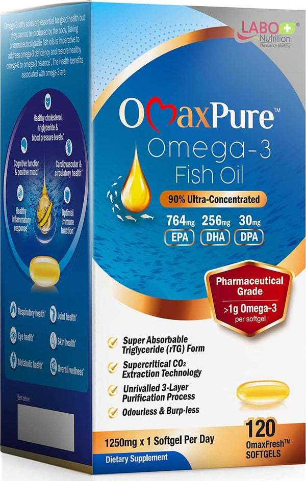 LABO Nutrition OmaxPure Omega 3 Fish Oil, 1125mg Omega-3, 120 Count, Pharmaceutical Grade, High Potency, Better Absorbed Supercritical CO2 Extracted rTG Form, for Heart, Joint, Brain and Immune Health