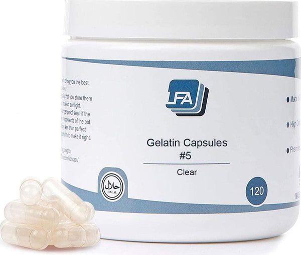 LFA Empty Gelatin Capsules Size 5 - Clear Fillable Beef Gel Caps for DIY Powder Supplement Pills - Halal - Fits Cap Machine - 120 Count Jar