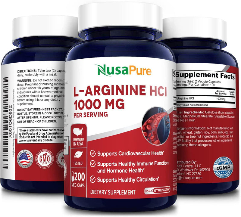 L-Arginine 1000 mg 200 Veggie Capsules (Non-GMO, Vegetarian and Gluten Free)