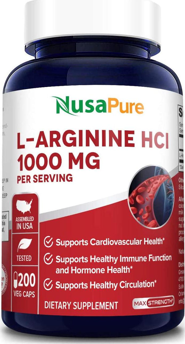 L-Arginine 1000 mg 200 Veggie Capsules (Non-GMO, 100% Vegetarian and Gluten Free) Amino Acid Arginine HCL Supplements for Women and Man - Supports Circulation and Cardiovascular Health