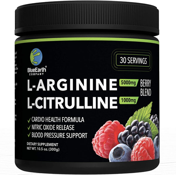 L-Arginine 5000mg + L-Citrulline 1000mg Complex Powder Supplement - Nitric Oxide Booster - Blood Pressure Support - Berry Flavored- BlueEarth Company
