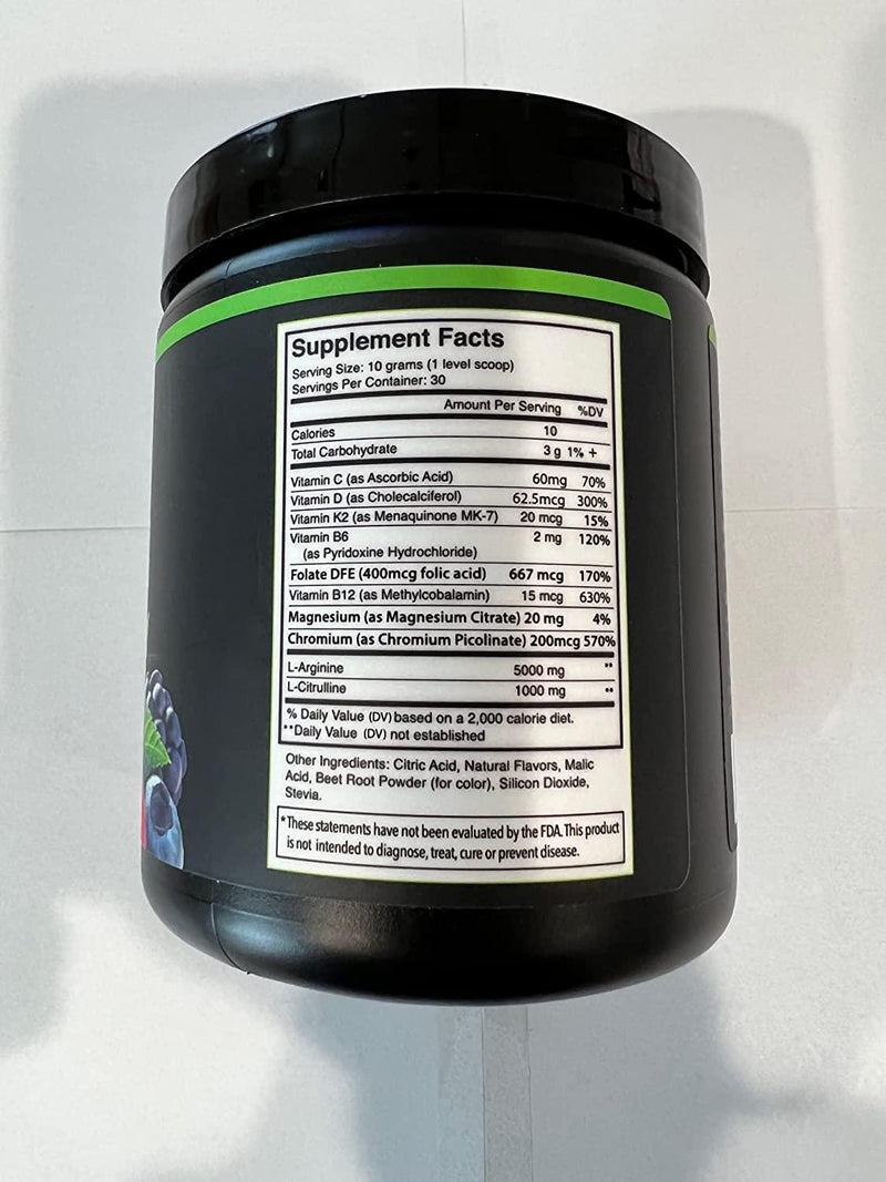 L-Arginine 5000mg + L-Citrulline 1000mg Complex Powder Supplement - Nitric Oxide Booster - Blood Pressure Support - Berry Flavored- BlueEarth Company