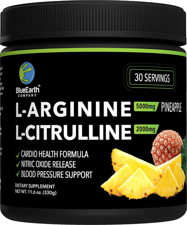 L-Arginine 5000mg + L-Citrulline 2000mg Complex Powder Supplement - Nitric Oxide Booster - Blood Pressure Support - Pineapple Flavored - 330g - BlueEarth Company