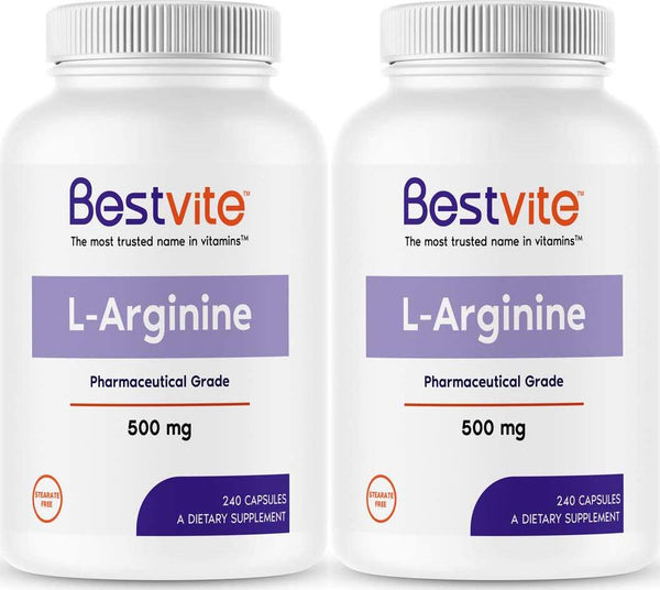 L-Arginine 500mg (480 Capsules) (240 x 2) - No Magnesium Stearate - No Silicon Dioxide - No Fillers - Non GMO - Gluten Free