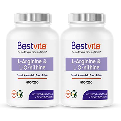 L-Arginine L-Ornithine 500-250 (240 Vegetarian Capsules) (120 x 2) - No Stearates - No Fillers - Vegan - Non GMO - Gluten Free - No Calcium Silicate