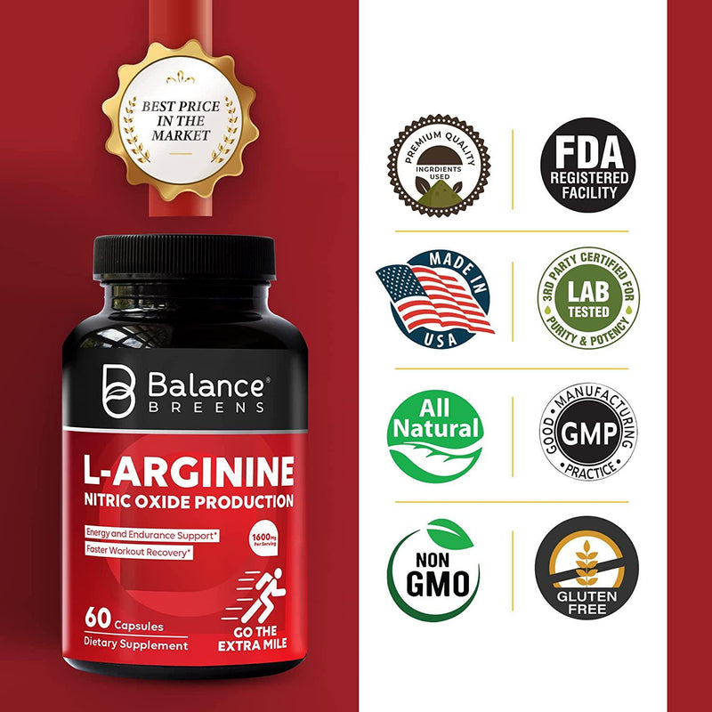 L-Arginine Nitric Oxide Booster 60 Capsules - Powerful Workout Supplement for Muscle Building, Endurance, Vascularity, Energy