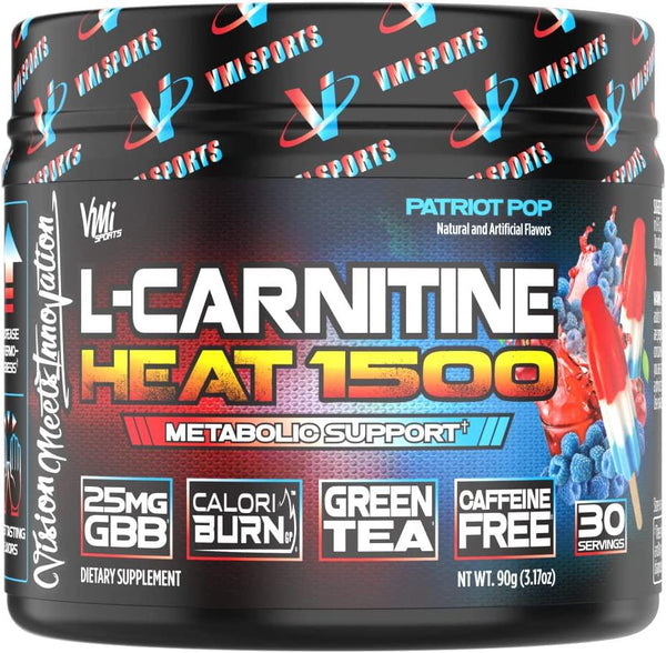 L-Carnitine 1500 Heat by VMI Sports | Stimulant Free Thermogenic Metabolic Support and Fat Loss for Men and Women | 1500mg L-Carnitine | Convenient Liquid or Powder (Patriot Pop, 30 Servings Powder)