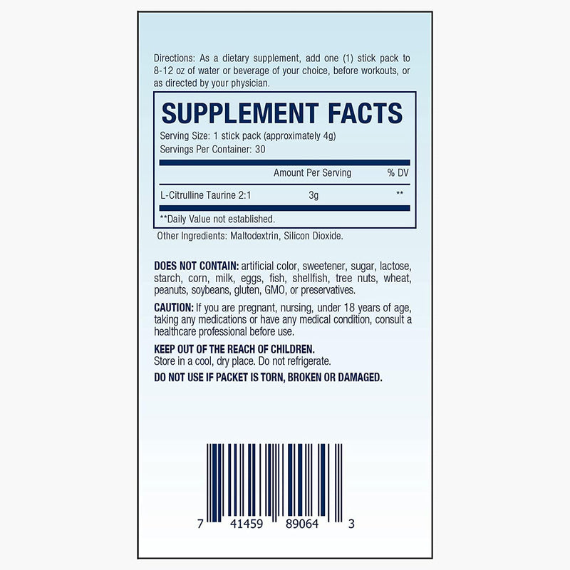 L-Citrulline Taurine 2:1 - Citrulline Powder Unflavored Pre Workout, 1 lb, (30 Pack)