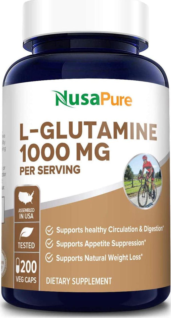L-Glutamine 1000mg 200 Capsules (Vegetarian, Natural, Non-GMO and Gluten Free) Supports Muscle Mass, Gastrointestinal Tract and Immune Function - 500mg per Caps