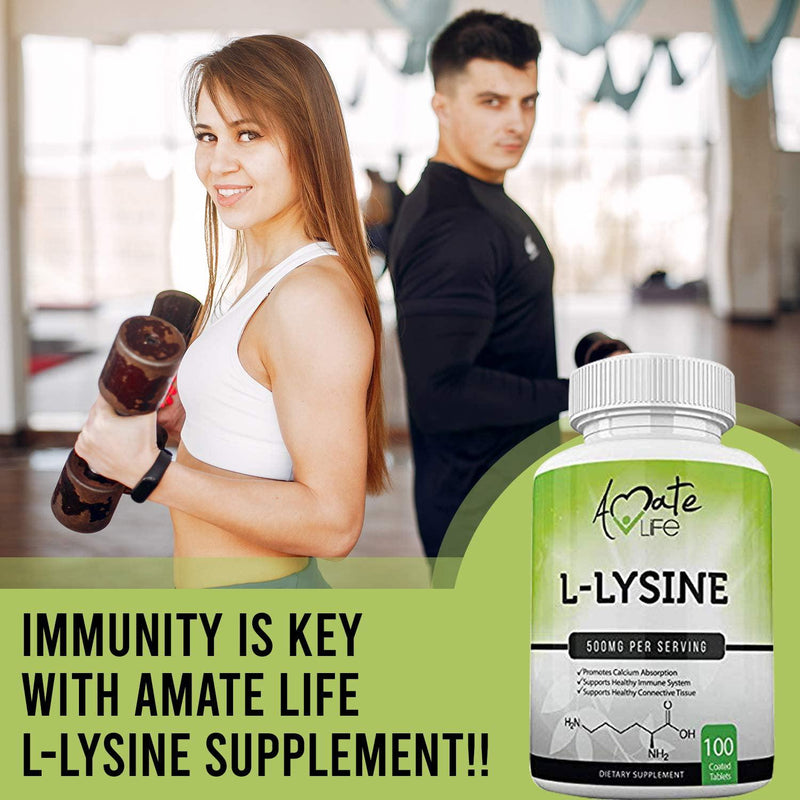 L Lysine 500mg Capsules Immune Support, Cold Sores, Joint Health and Brain Functioning Amino Acid for Men and Women- 100 Capsules- Made in USA by Amate Life