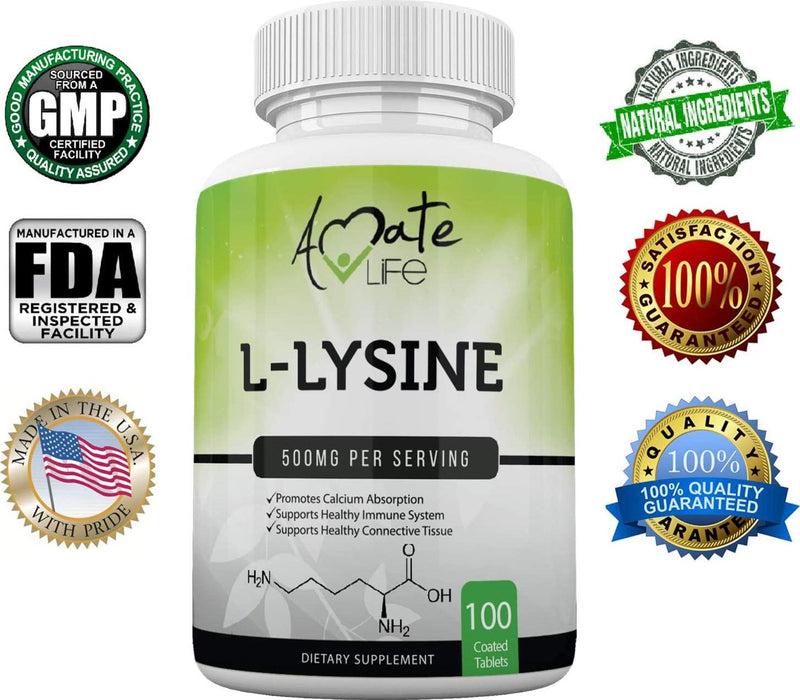 L Lysine 500mg Capsules Immune Support, Cold Sores, Joint Health and Brain Functioning Amino Acid for Men and Women- 100 Capsules- Made in USA by Amate Life