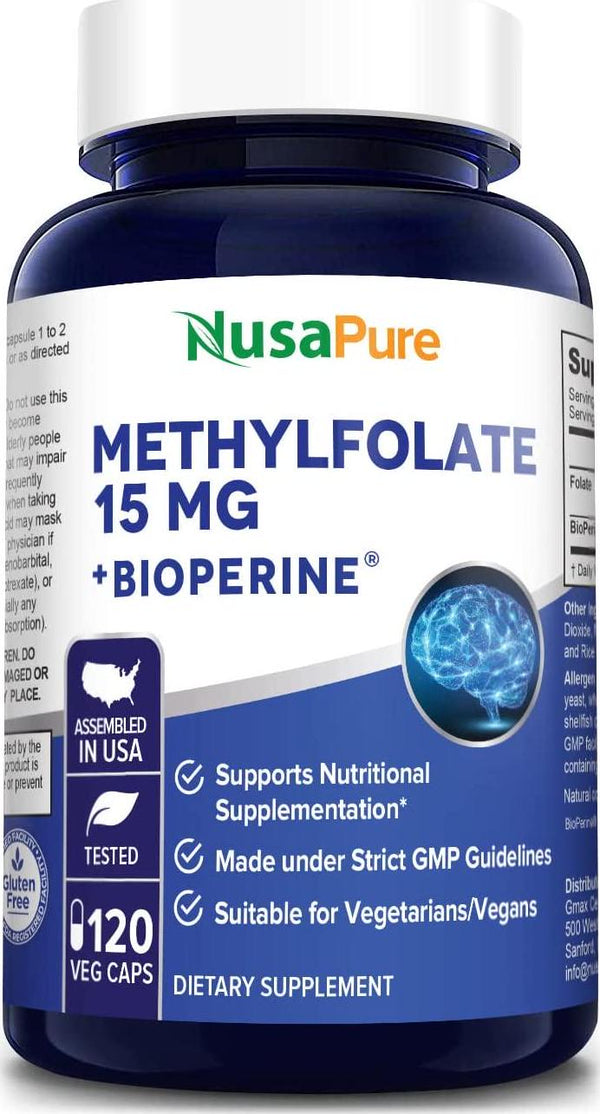 L Methylfolate 15mg | 120 Veggie Capsules | Bioperine | Max Potency | Non-GMO, Gluten Free | Methyl Folate