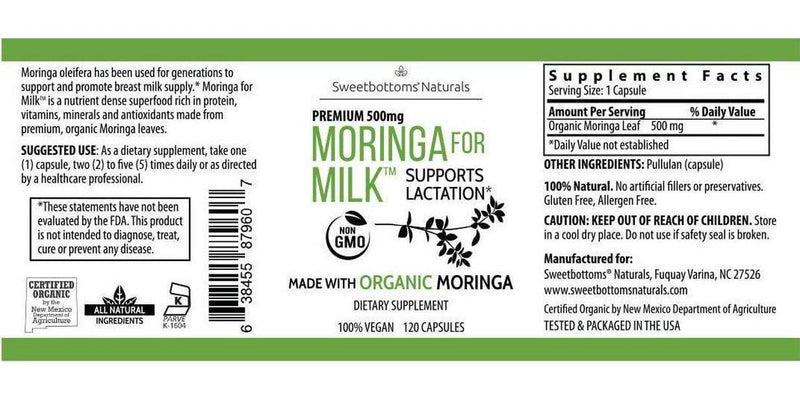 Lactation Supplement Organic Moringa (Malunggay) - Increase Milk Production Naturally - 100% Natural and Gluten-Free - 120 Vegan Moringa Pills 500 mg - Fenugreek Free - Certified Organic