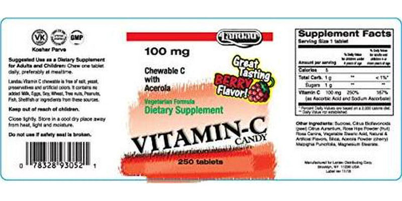 Landau Chewable Vitamin C Candy 100 Mg. Great Tasting Berry Flavour - 250 CHW