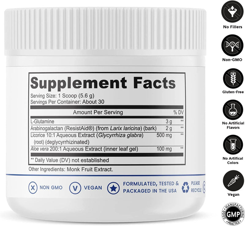 Leaky Gut Defense - 30 Servings | GI Repair | Contains: 3g L-Glutamine, Licorice Root (deglycyrrhized), Aloe Leaf and Arabinogalactan | Stevia-Free - Sweetened with Monk Fruit | Pharmaceutical Grade