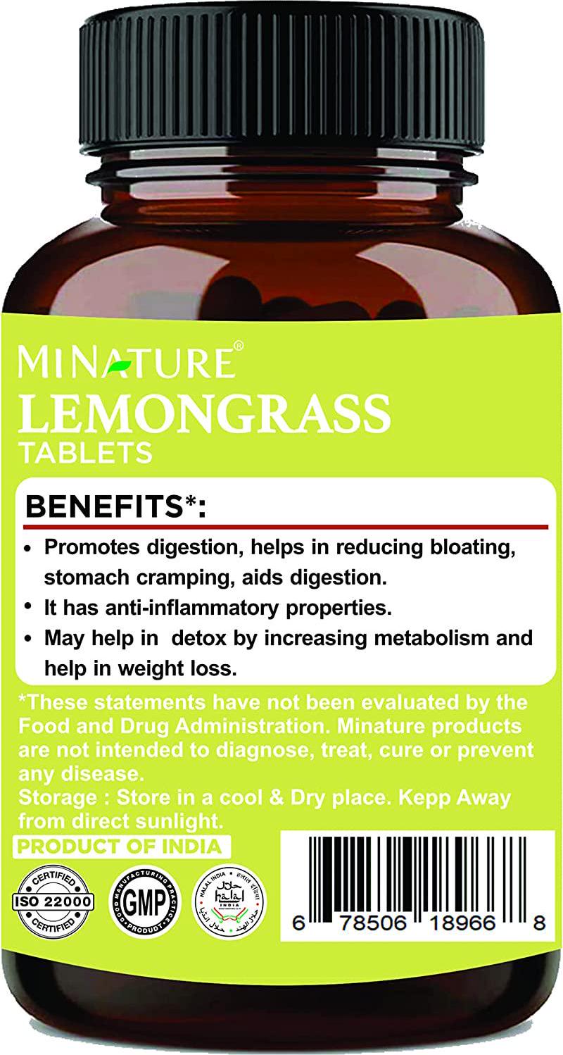 Lemongrass Tablets by mi Nature | 90 Tablets, 1000 mg | 45 Days Supply | Cymbopogon citratus | Promotes Digestion | Detoxification |Vegan