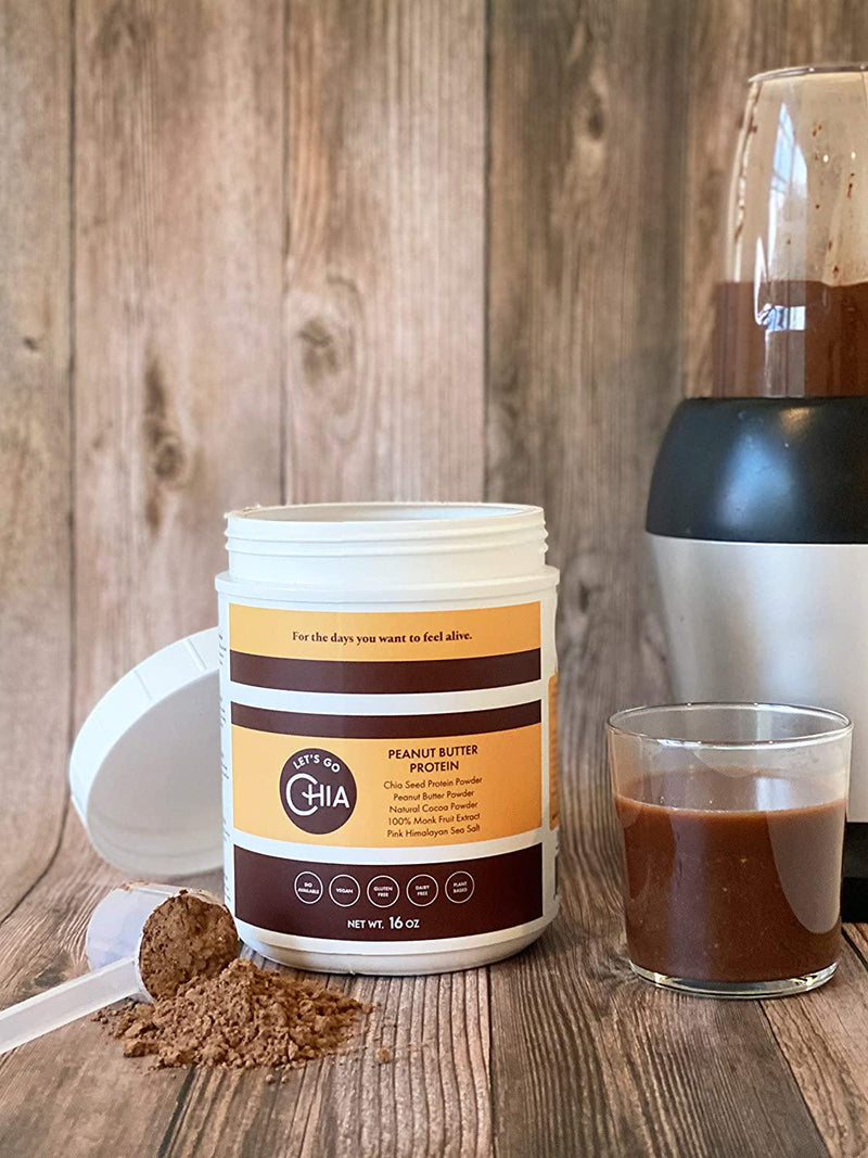 Let's Go Chia Peanut Butter Protein | Plant Based Protein Powder | 5 Ingredients | 8g Fiber | Keto-Friendly | Low Calorie- Chia Seed, Natural Cocoa, Pink Himalayan Salt, Monk Fruit | 16 Servings