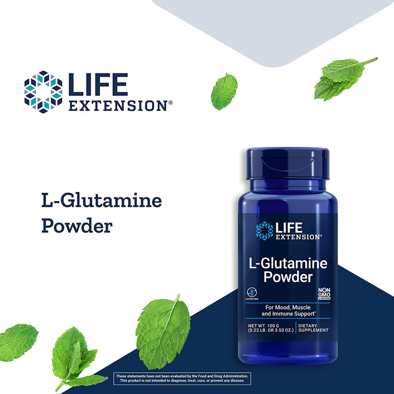 Life Extension L-Glutamine Powder Supports Muscle, Mood, Gut and Immune Health, Amino Acid Supplement Gluten-Free, Vegetarian, Non-GMO Net Wt. 100 grams (0.22 lb. or 3.53 oz.)