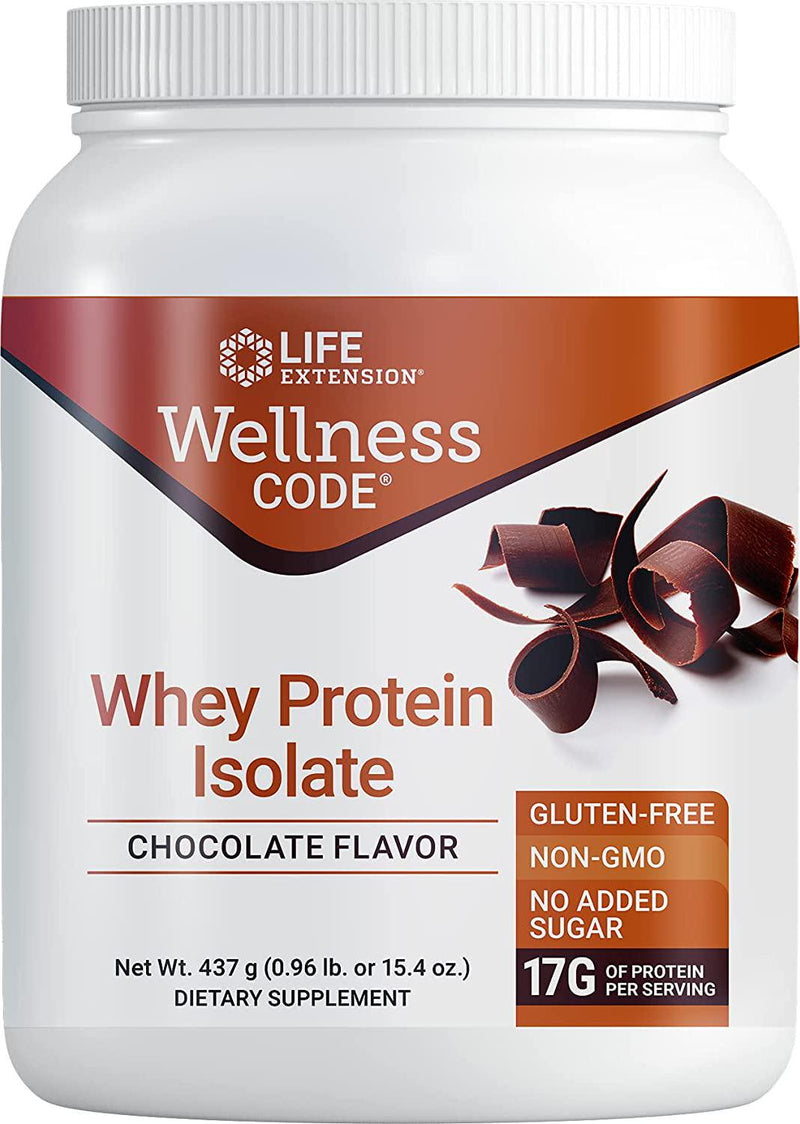 Life Extension Wellness Code Whey Protein Isolate Chocolate Supports Muscle Growth and Immune Health Gluten-Free, Non-GMO No Added Sugar 15.4 oz