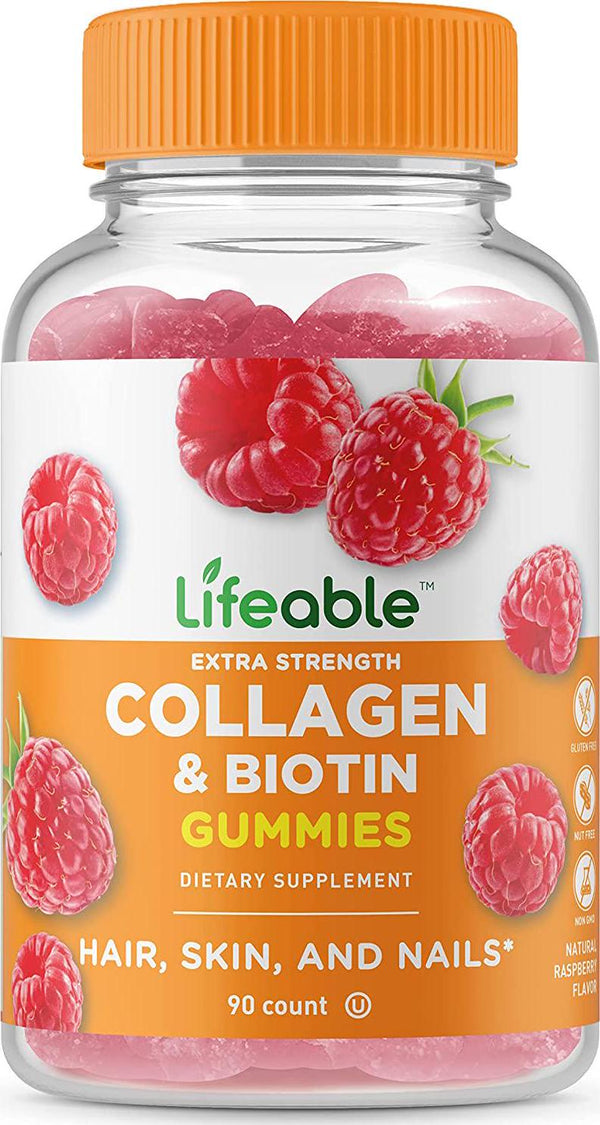 Lifeable Collagen 100mg with Biotin 10,000mcg Great Tasting Natural Flavor Gummy Supplement Gluten Free, Vegetarian, GMO Free Chewable for Hair, Skin, and Nails for Adults 90 Gummies