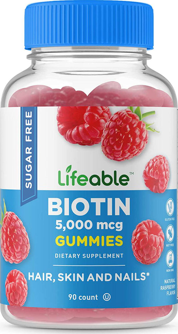 Lifeable Sugar Free Biotin Gummies 5000mcg Great Tasting Natural Flavor Supplement Vitamins Vegetarian GMO-free Chewable for Hair, Skin and Nails Support for Men, Women and Teens 90 Gummies