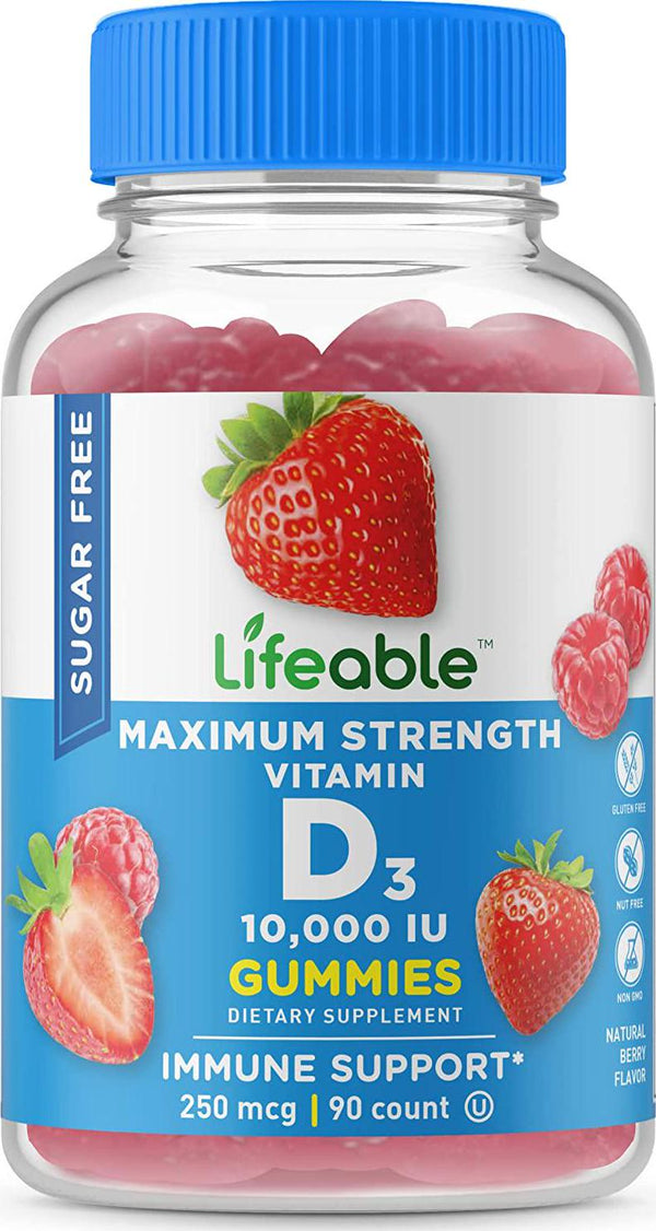 Lifeable Sugar Free Vitamin D 10,000 IU Great Tasting Natural Flavor Gummy Supplement Gluten Free Vegetarian GMO-Free Chewable for Immune Support for Adults, Men, Women 90 Gummies