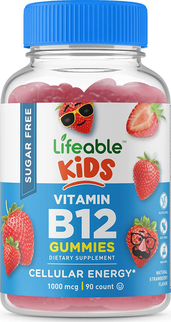 Lifeable Sugar Free Vitamin B12 for Kids 1000 mcg Great Tasting Natural Flavor Gummy Supplement Gluten Free Vegetarian GMO-Free Chewable Energy Mood Metabolism Support for Kids 90 Gummies