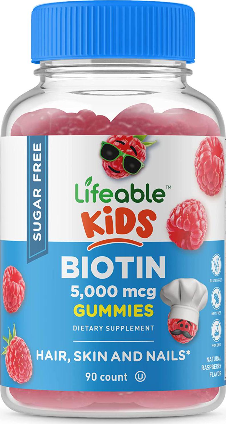 Lifeable Sugar Free Biotin Gummies for Kids 5000mcg Great Tasting Natural Flavor Supplement Vitamins Vegetarian GMO-free Chewable for Hair, Skin and Nails Support for Children 90 Gummies